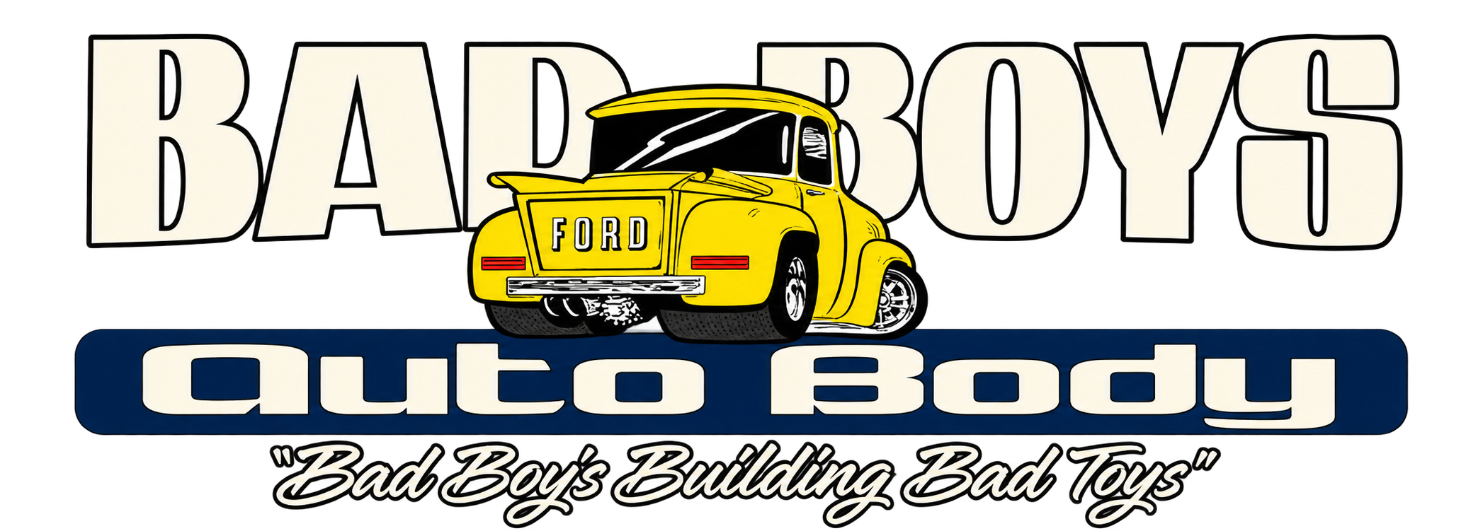 BAD BOYS Auto Body — yellow classic Ford truck logo